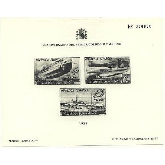 España Spain Hojitas Recuerdo 120 1988 FNMT 50 Aniversario del primer correo submarino Prueba en negro 781 España Spain Hojitas Recuerdo 120 1988 FNMT 50 Aniversario del primer correo submarino Prueba en negro 781