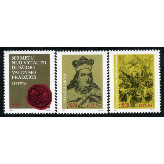 Lituania - 450/52 - 1993 600º Aniv. nacimiento del Gran-Duque Vitautas Sello, retrato, batalla Lujo Lituania - 450/52 - 1993 600º Aniv. nacimiento del Gran-Duque Vitautas Sello, retrato, batalla Lujo