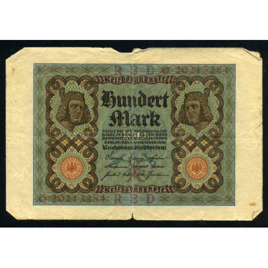 Alemania 100 Marcos 1920 Billete Banknote Circulado Pliegues Roturas Foto estandar