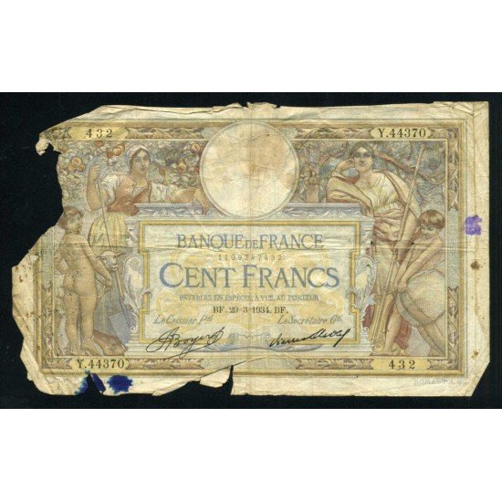 Francia 100 Francos 1934 Billete Banknote Circulado Pliegues Roturas importantes Manchas de tinta