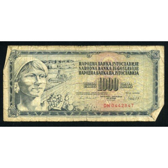 Yugoslavia 1000 Dinara 1981 Billete Circulado Pliegues, dobleces Foto estandar Yugoslavia 1000 Dinara 1981 Billete Circulado Pliegues, dobleces Foto estandar