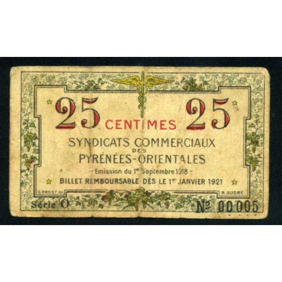 Francia Sindicatos comerciales de los Pirineos Orientales 0.25 Francos 1 de Septiembre de 1918 Pliegues Billete Banknote 