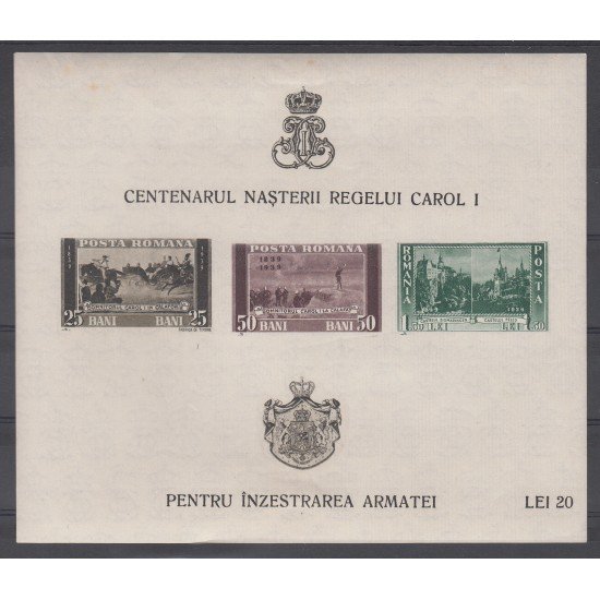 Rumanía - 3 S/D 1939 - 40 Centenario Carlos I Hojita nueva con fijasellos MH Rumanía - 3 S/D 1939 - 40 Centenario Carlos I Hojita nueva con fijasellos MH