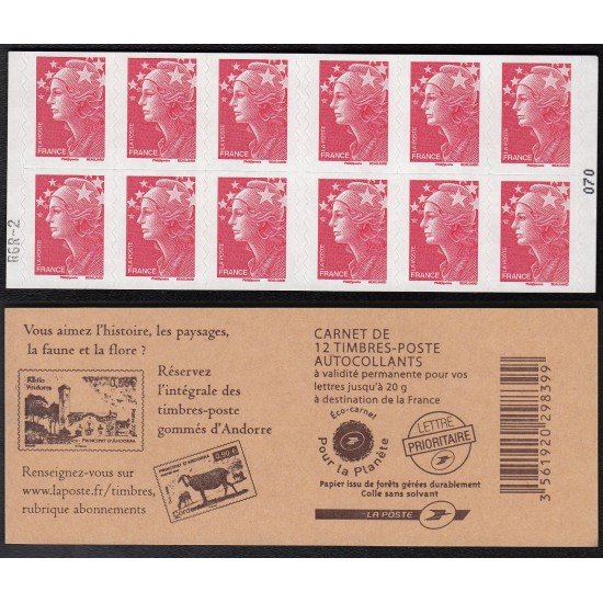 France Francia Carnets 4197-C23 -12 sellos tipo Marianne de Beaujard  Sellos de Andorra  en reverso Lujo