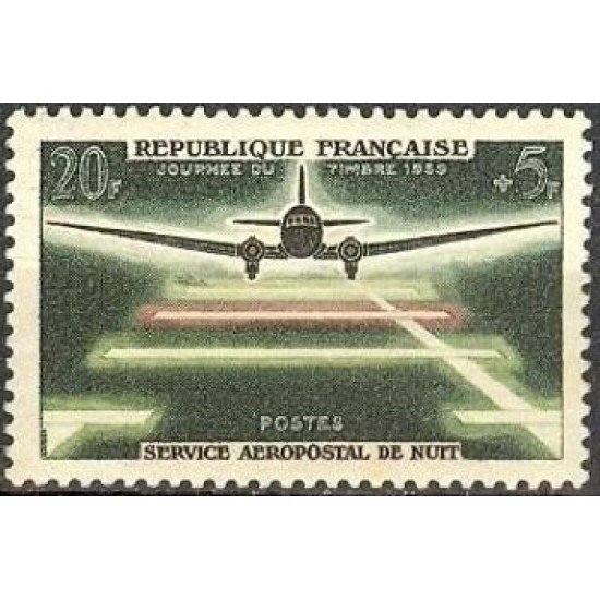 France Francia Nº 1196 1959 Día del sello y 20º aniv. del servicio aeropostal nocturno Lujo