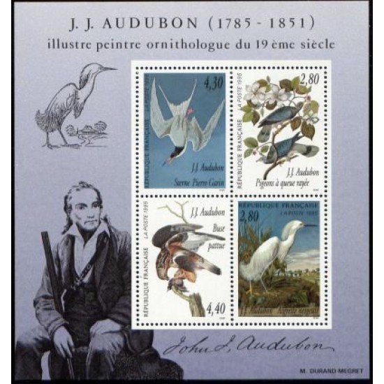 France Francia HB 18 1995 Serie artes decorativas Homenaje a J.-J. Audubon, pintor ornitólogo Aves 4 val. nº 2929a/32/a Ilustración: retrato, ave Lujo
