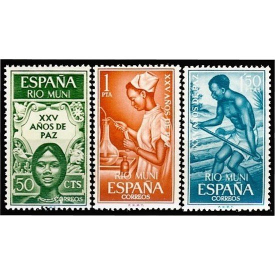 Rio Muni 60/62 1965 XXV Años de Paz Alegoría Enfermera Transporte fluvial Peace MNH 
