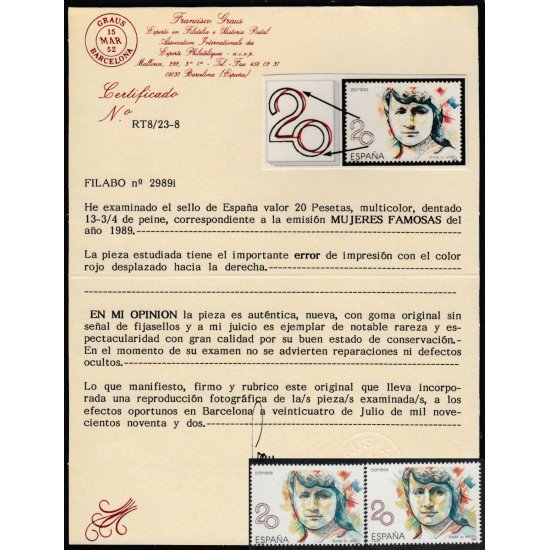 España Spain Variedad  2989i 1989 María de Maeztu Error Color Cert Graus MNH