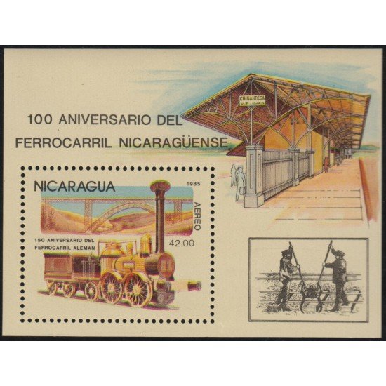 Nicaragua HB 173 1985 tren 100 Aniversario del Ferrocarril Nicaraguense Tren MNH Nicaragua HB 173 1985 tren 100 Aniversario del Ferrocarril Nicaraguense Tren MNH