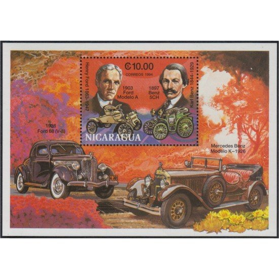 Nicaragua HB 224 1994 Automóviles Retratos de Henry Ford y Karl Benz MNH Nicaragua HB 224 1994 Automóviles Retratos de Henry Ford y Karl Benz MNH