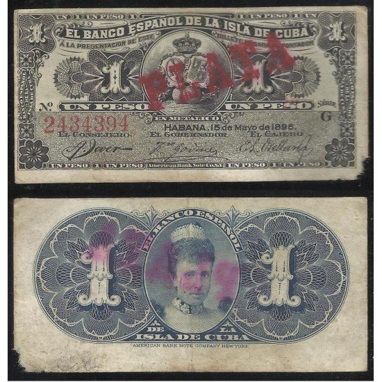 Billete de Cuba Banco de España 1 Peso 1896 BC Billete de Cuba Banco de España 1 Peso 1896 BC