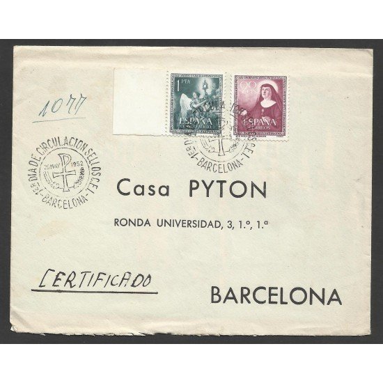 España Carta a Barcelona con Matasello Primer Día 1952