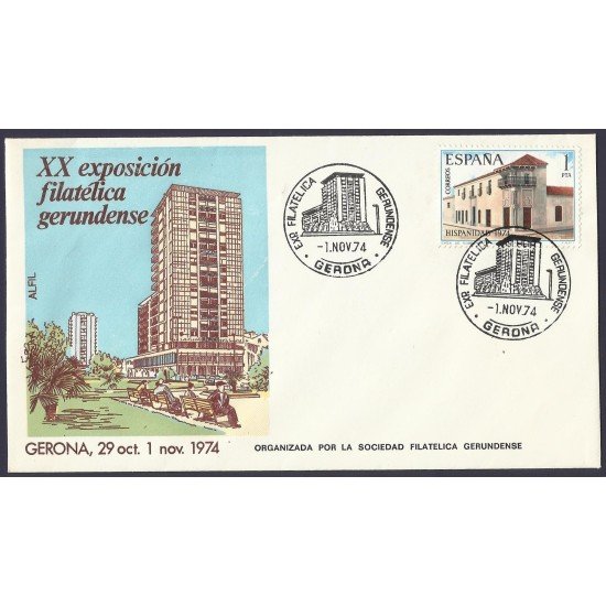 España Sobre y Matasello  XX Exposición Filatélica Gerundense 1974