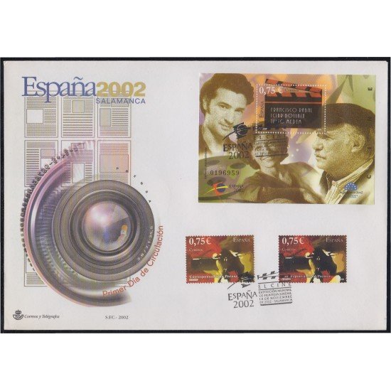 España 3944 2002 HB + 2 sellos 3947 Sobre Primer Día matasello Expo Mundial 