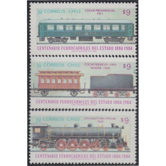 Chile 644/46 1984 Centenario ferrocarriles del estado Trenes Trains MNH Chile 644/46 1984 Centenario ferrocarriles del estado Trenes Trains MNH