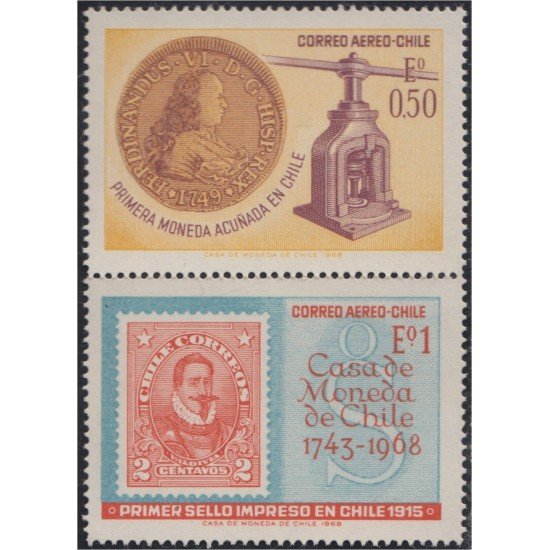 Chile A- 253/54 1968 1º sello impreso y moneda acuñada en Chile MNH Chile A- 253/54 1968 1º sello impreso y moneda acuñada en Chile MNH