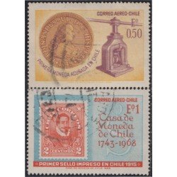 Chile A- 253/54 1968 1º sello impreso y moneda acuñada en Chile usados