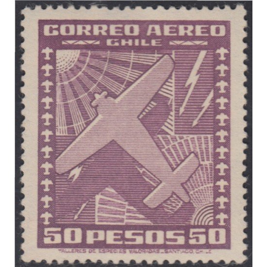 Chile A- 103B(a) 1944/54 Tipos de 1934-38 Sin filigrane Avión MNH Chile A- 103B(a) 1944/54 Tipos de 1934-38 Sin filigrane Avión MNH