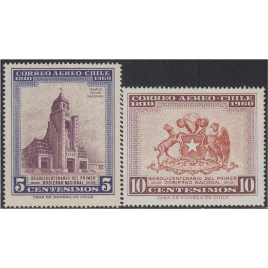 Chile A- 200/01 1960/61 150 Años del primer Gobierno Nacional Templo Votivo MNH Chile A- 200/01 1960/61 150 Años del primer Gobierno Nacional Templo Votivo MNH