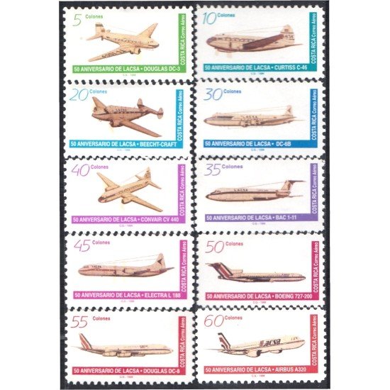 Costa Rica A- 911/20 1996 50 Aniversario de LACSA aviones planes MNH Costa Rica A- 911/20 1996 50 Aniversario de LACSA aviones planes MNH