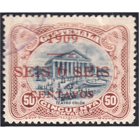 Guatemala 142a 1909 Sobrecarga roja Teatro Colón usado
