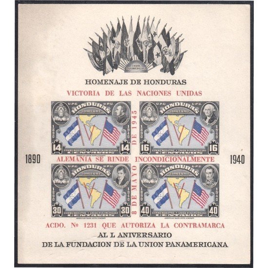 Honduras HB 2 1946 Victoria de las Naciones Unidas L Aniversario de la fundación de la Unión Panamericana sin dentar MNH Honduras HB 2 1946 Victoria de las Naciones Unidas L Aniversario de la fundación de la Unión Panamericana sin dentar MNH