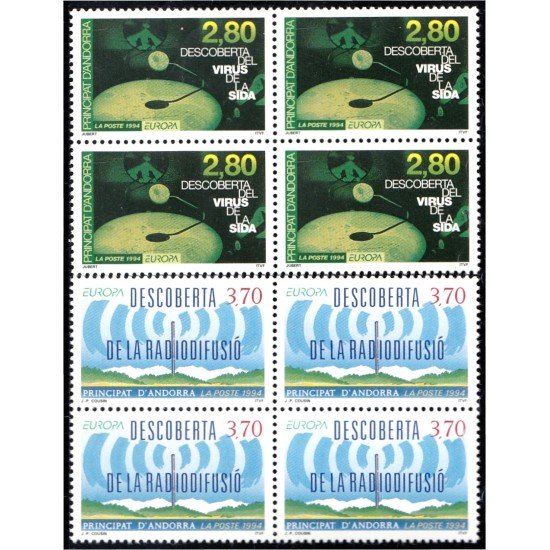 Andorra Francesa 444/45 Bl.4 1994 Descubrimiento del virus del Sida y de la Radiofusión MNH
