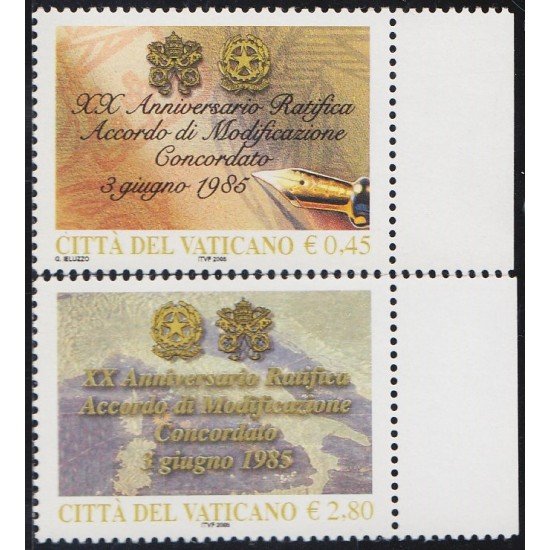 Vaticano 1368/69 2005 Ratificación del XX Aniversario acuerdo de modificación acordado MNH Vaticano 1368/69 2005 Ratificación del XX Aniversario acuerdo de modificación acordado MNH