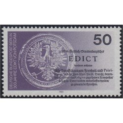 Alemania Berlín 708 1985 Sello y encabezado del documento por el cual el Gran Elector de Brandeburgo dio la bienvenida a los refugiados hugonotes MNH 