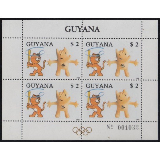Guyana 2050FC 1988 Minihojita Mascotas de Seul 88 y Barcelona 92 MNH