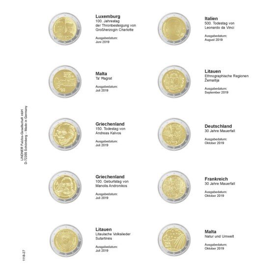 Lindner 1118-27 Hojas individuales para monedas conmemorativas de 2 Euros Lindner 1118-27 Hojas individuales para monedas conmemorativas de 2 Euros