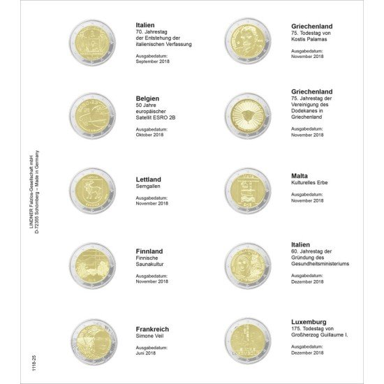 Lindner 1118-25 Hojas individuales para monedas conmemorativas de 2 Euros