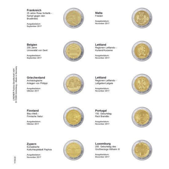 Lindner 1118-22 Hojas individuales para monedas conmemorativas de 2 Euros