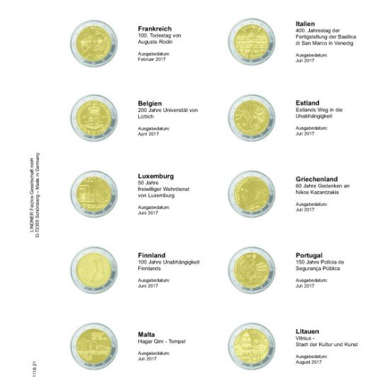 Lindner 1118-21 Hojas individuales para monedas conmemorativas de 2 Euros