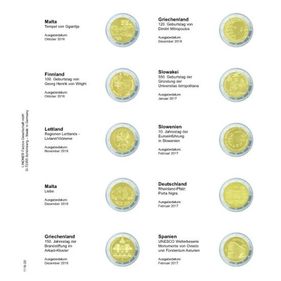 Lindner 1118-20 Hojas individuales para monedas conmemorativas de 2 Euros
