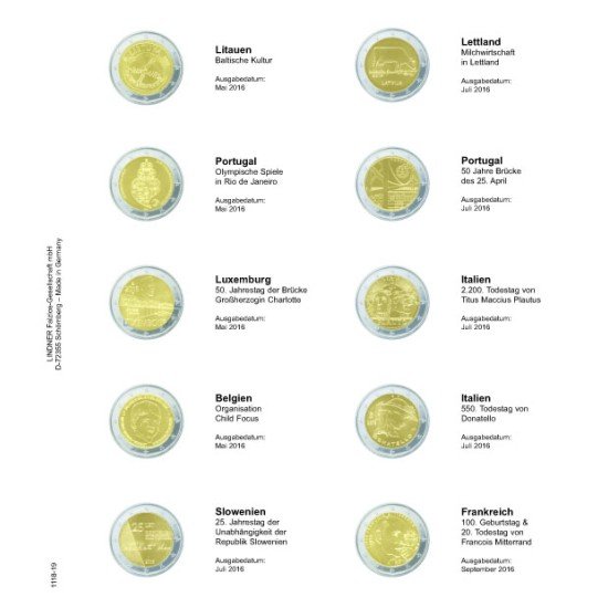 Lindner 1118-19 Hojas individuales para monedas conmemorativas de 2 Euros Lindner 1118-19 Hojas individuales para monedas conmemorativas de 2 Euros