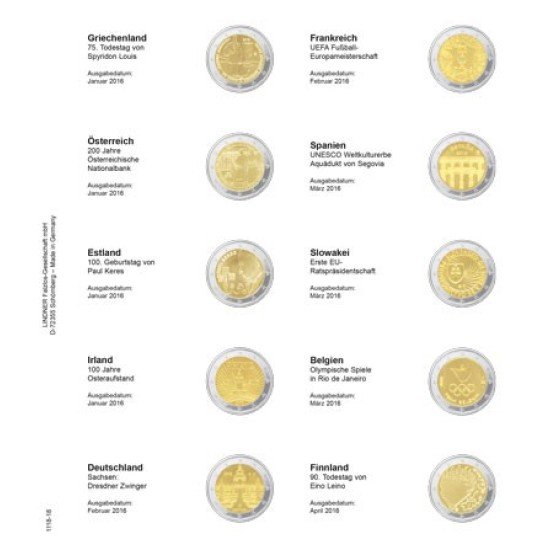 Lindner 1118-18 Hojas individuales para monedas conmemorativas de 2 Euros Lindner 1118-18 Hojas individuales para monedas conmemorativas de 2 Euros