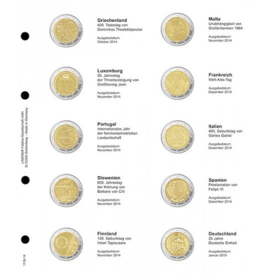 Lindner 1118-14 Hojas individuales para monedas conmemorativas de 2 Euros Lindner 1118-14 Hojas individuales para monedas conmemorativas de 2 Euros
