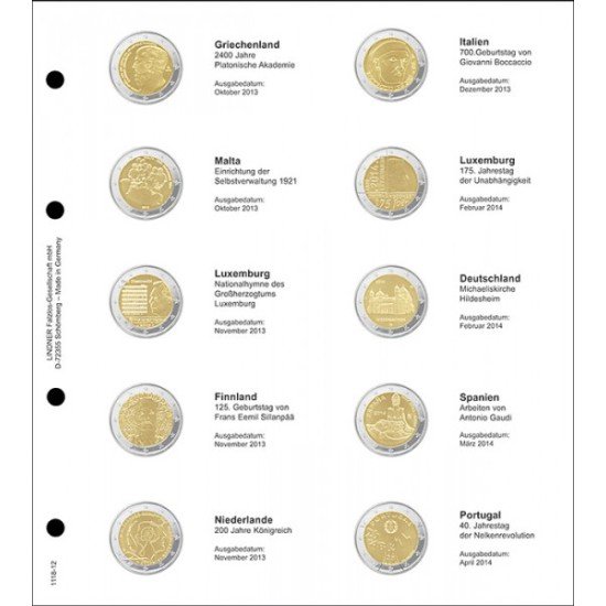 Lindner 1118-12 Hojas individuales para monedas conmemorativas de 2 Euros Lindner 1118-12 Hojas individuales para monedas conmemorativas de 2 Euros