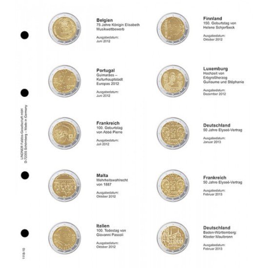 Lindner 1118-10 Hojas individuales para monedas conmemorativas de 2 Euros