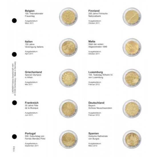 Lindner 1118-9 Hojas individuales para monedas conmemorativas de 2 Euros Lindner 1118-9 Hojas individuales para monedas conmemorativas de 2 Euros