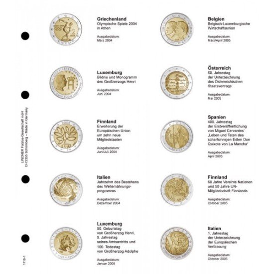 Lindner 1118-1 Hojas individuales para monedas conmemorativas de 2 Euros Lindner 1118-1 Hojas individuales para monedas conmemorativas de 2 Euros