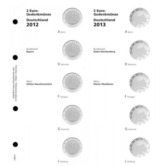 Lindner 1505-4 Hojas individuales para monedas conmemorativas de 2 Euros Estados Federados Alemanes
