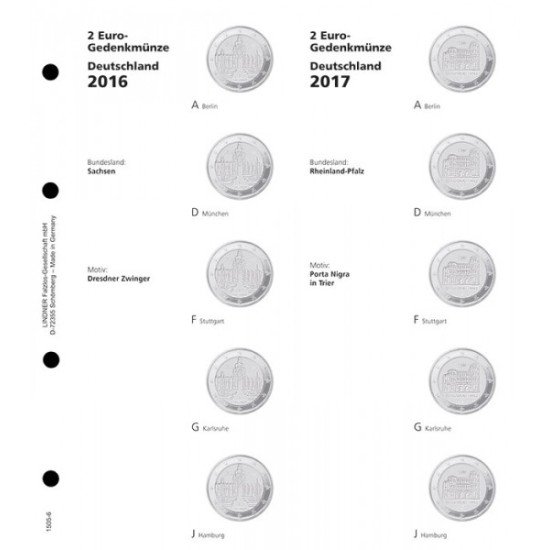 Lindner 1505-6 Hojas individuales para monedas conmemorativas de 2 Euros Estados Federados Alemanes