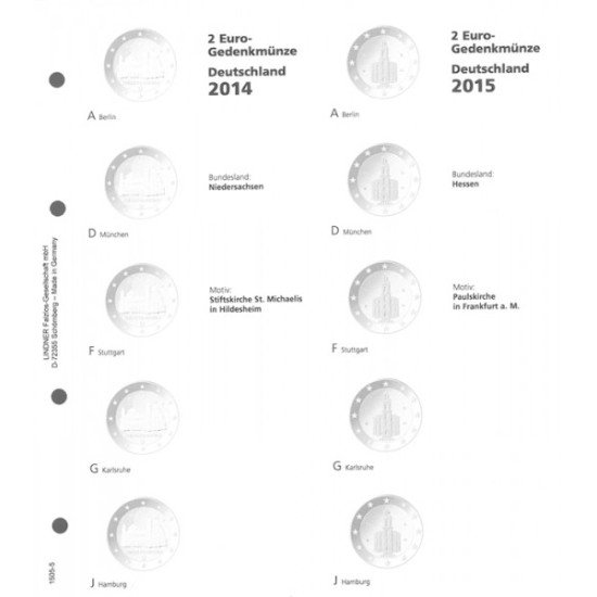 Lindner 1505-5 Hojas individuales para monedas conmemorativas de 2 Euros Estados Federados Alemanes