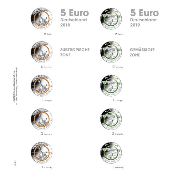 Lindner 1119-2 Hojas individuales para álbum pre-impreso para monedas de colección de 5 Euros Alemania