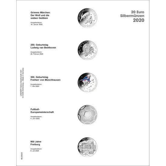 Lindner MU20E20 Hojas individuales pre-impresas Publica M para monedas de 20 Euros de Plata de Alemania