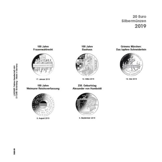 Lindner 1520-19 Hojas individuales para álbum pre-impreso para monedas conmemorativas de 20 Euros de Alemania Lindner 1520-19 Hojas individuales para álbum pre-impreso para monedas conmemorativas de 20 Euros de Alemania