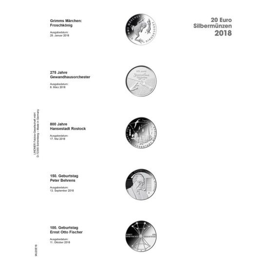Lindner MU20E18 Hojas individuales pre-impresas Publica M para monedas de 20 Euros de Plata de Alemania Lindner MU20E18 Hojas individuales pre-impresas Publica M para monedas de 20 Euros de Plata de Alemania