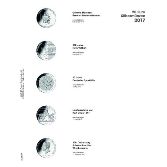 Lindner MU20E17 Hojas individuales pre-impresas Publica M para monedas de 20 Euros de Plata de Alemania Lindner MU20E17 Hojas individuales pre-impresas Publica M para monedas de 20 Euros de Plata de Alemania